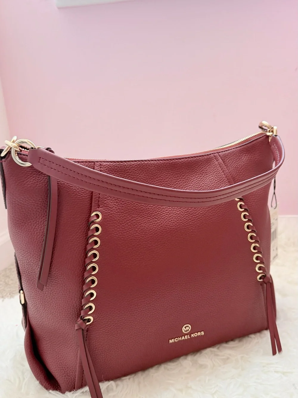Michael Kors Pebbled Burgundy Leather Shoulder Bag with Gold Hardware